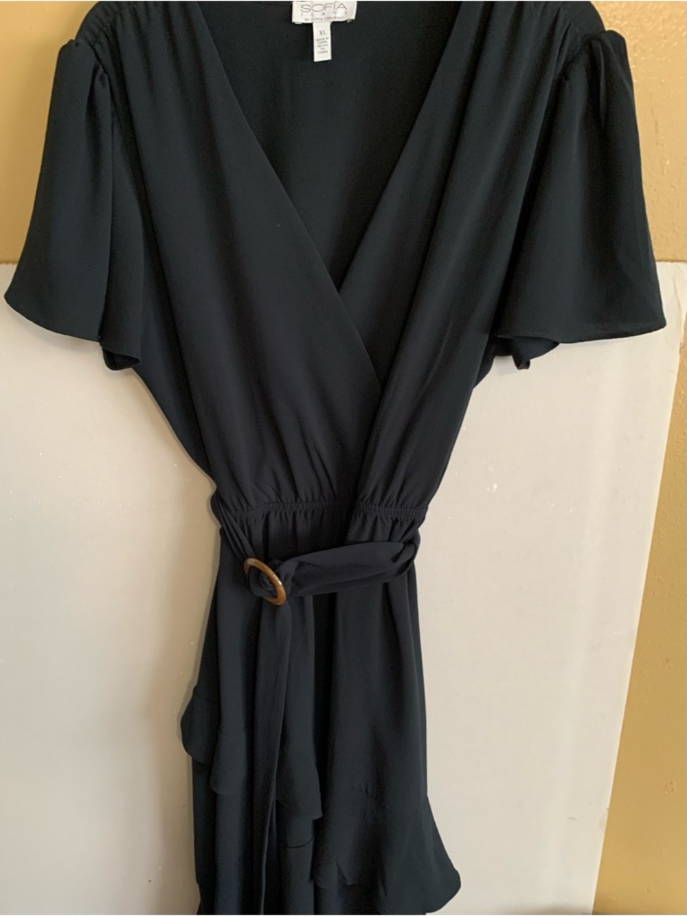 SOFIA by ViX Black Wrap Dress with Belt and Wooden Ring